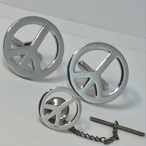 * Vintage Men's Peace Sign Cuff Links & Tie Tac Pin Set - Picture 1 of 5
